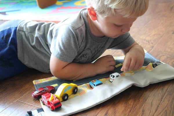 Pretend Play Sets - Boy playing with Car Play Mat for hotwheels cars - Mouse Loves Pig